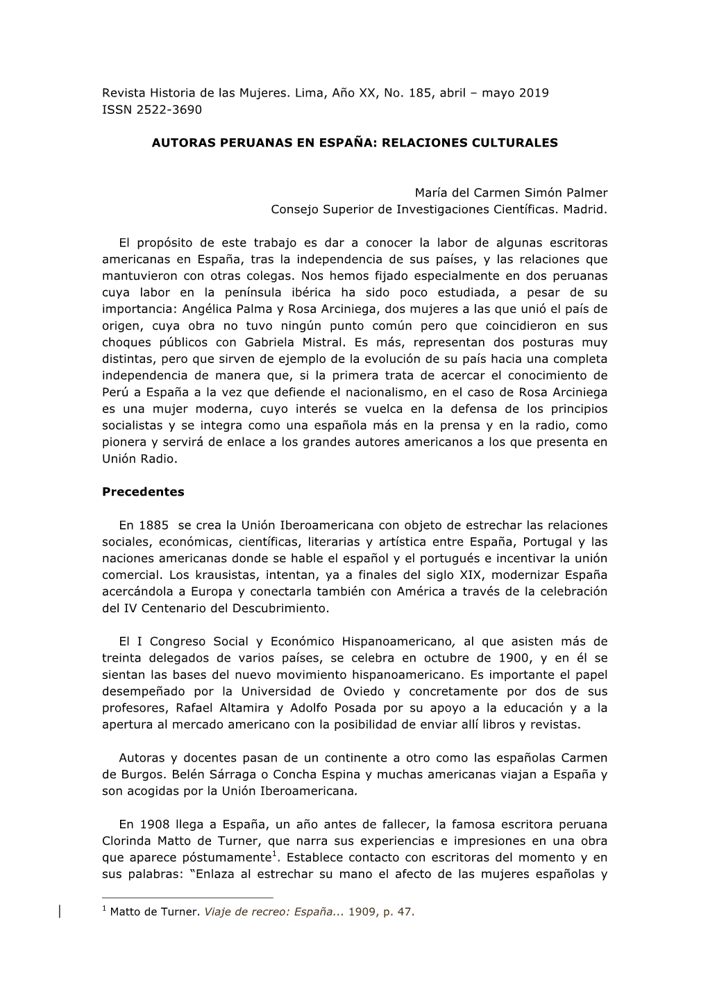 Mayo 2019 ISSN 2522-3690 AUTORAS PERUANAS EN ESPAÑA