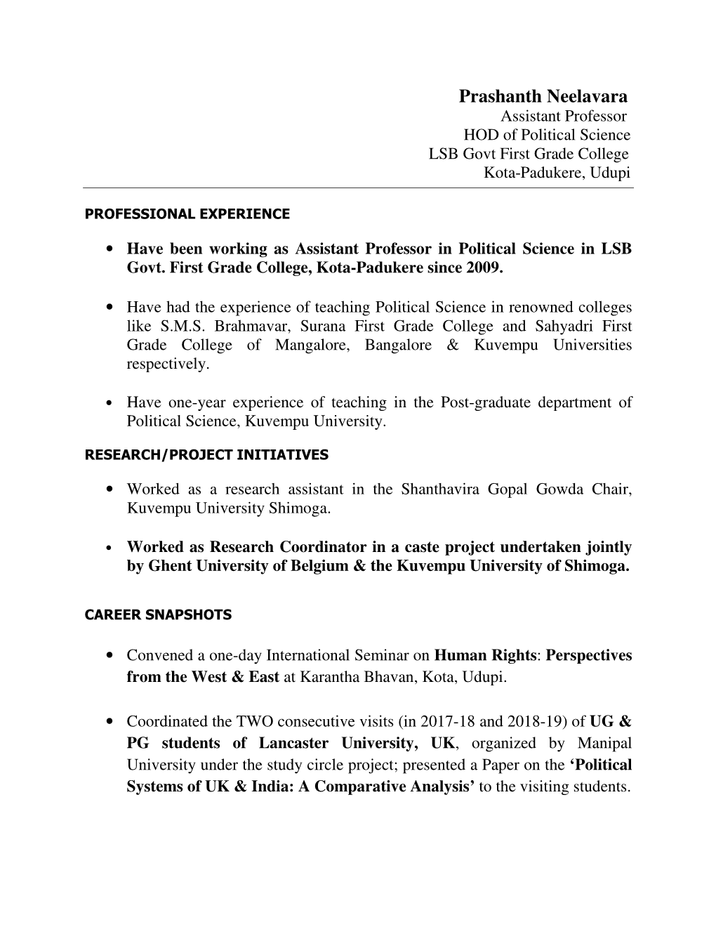 Prashanth Neelavara Assistant Professor HOD of Political Science LSB Govt First Grade College Kota-Padukere, Udupi