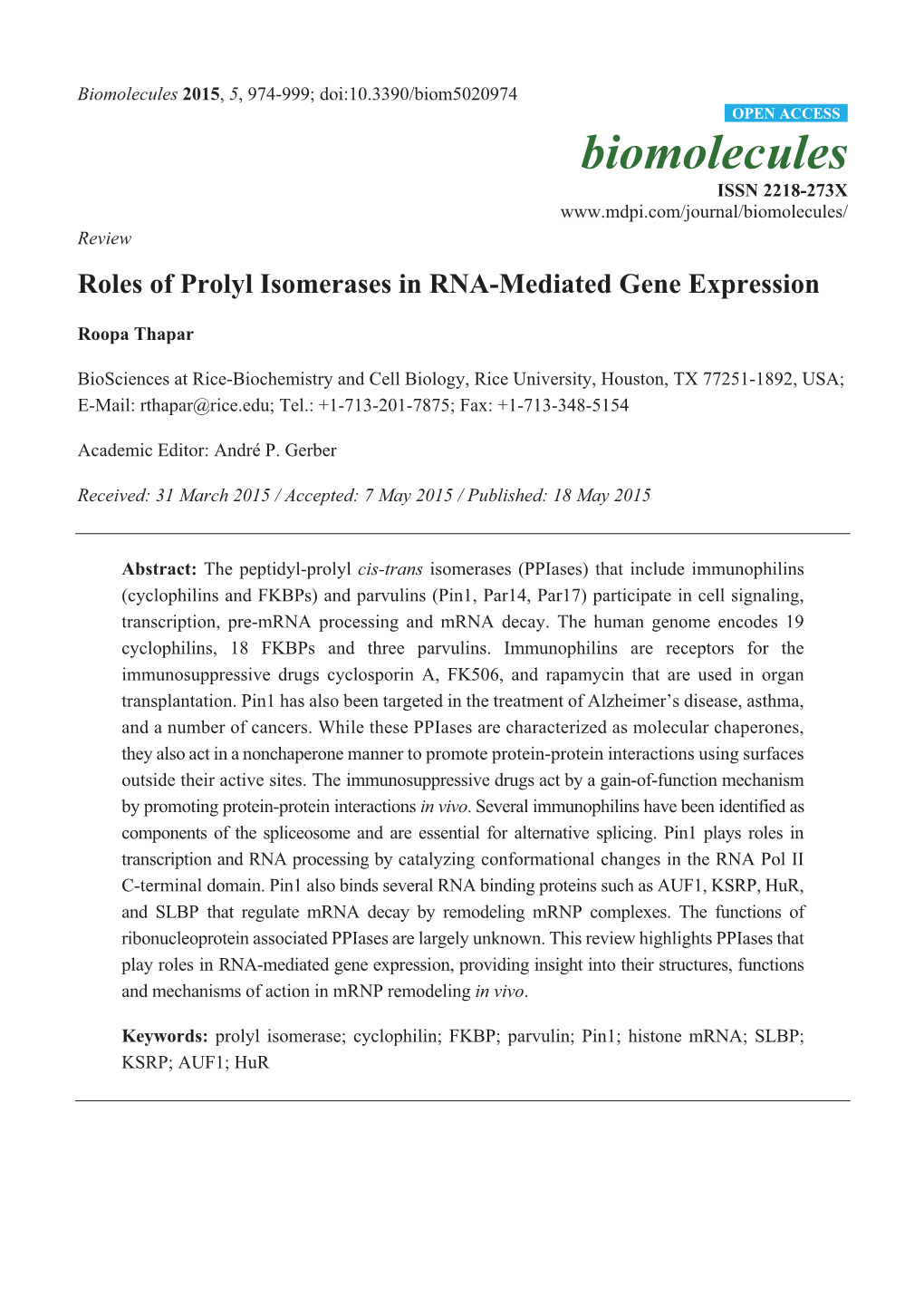 Roles of Prolyl Isomerases in RNA-Mediated Gene Expression