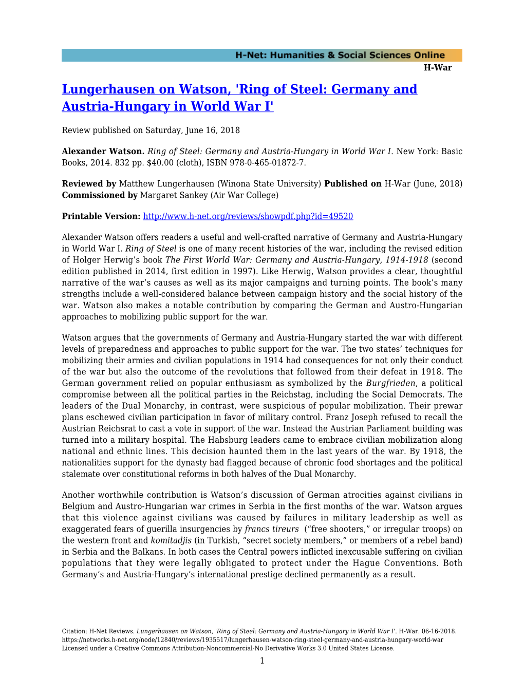 Lungerhausen on Watson, 'Ring of Steel: Germany and Austria-Hungary in World War I'