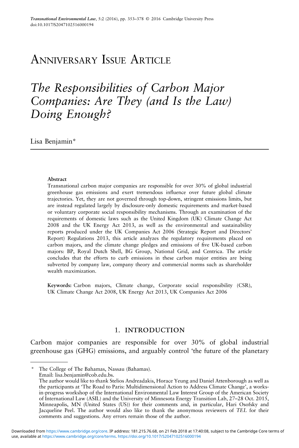 The Responsibilities of Carbon Major Companies: Are They (And Is the Law) Doing Enough?