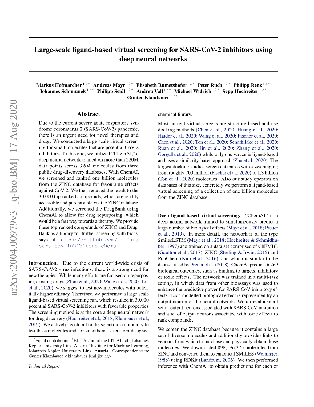 Large-Scale Ligand-Based Virtual Screening for SARS-Cov-2 Inhibitors Using Deep Neural Networks