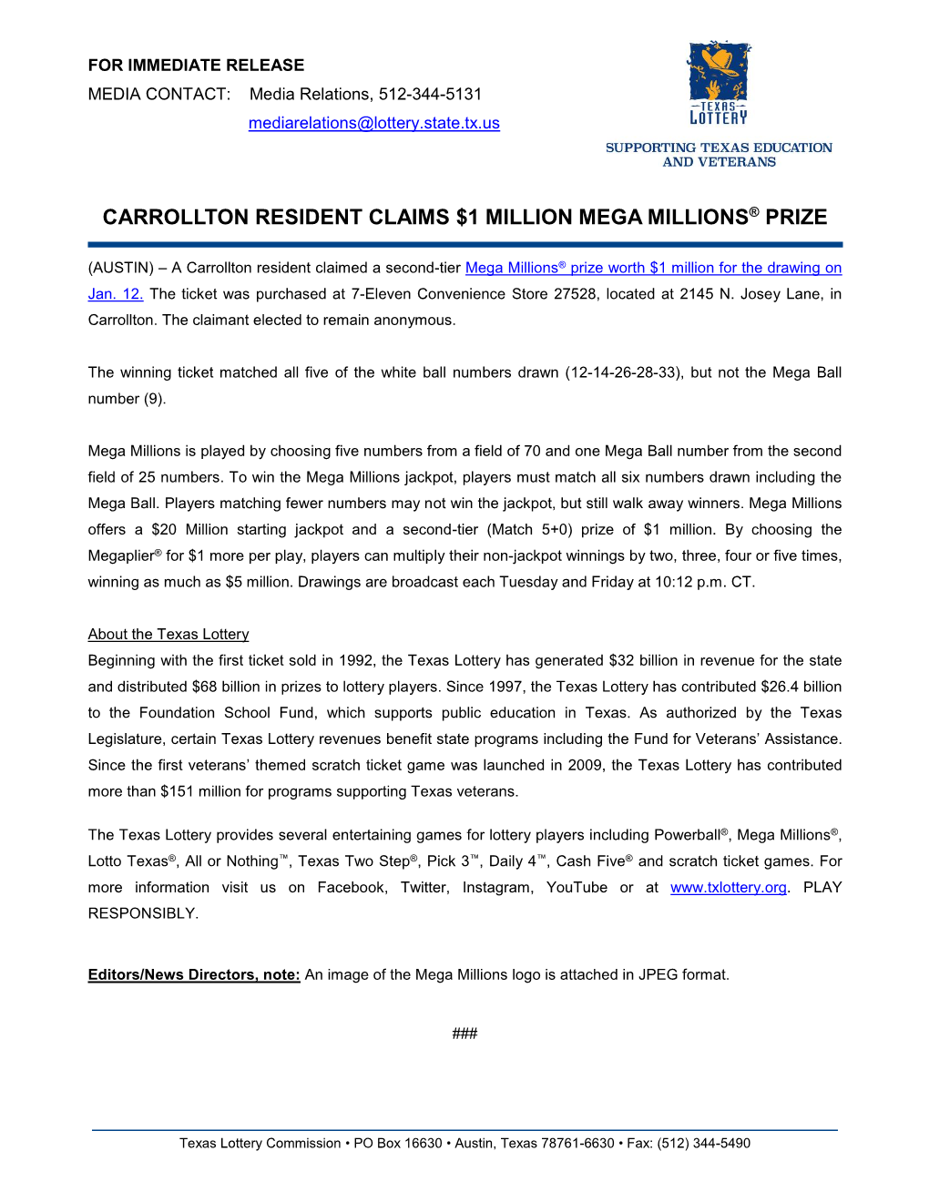 Carrollton Resident Claims $1 Million Mega Millions® Prize