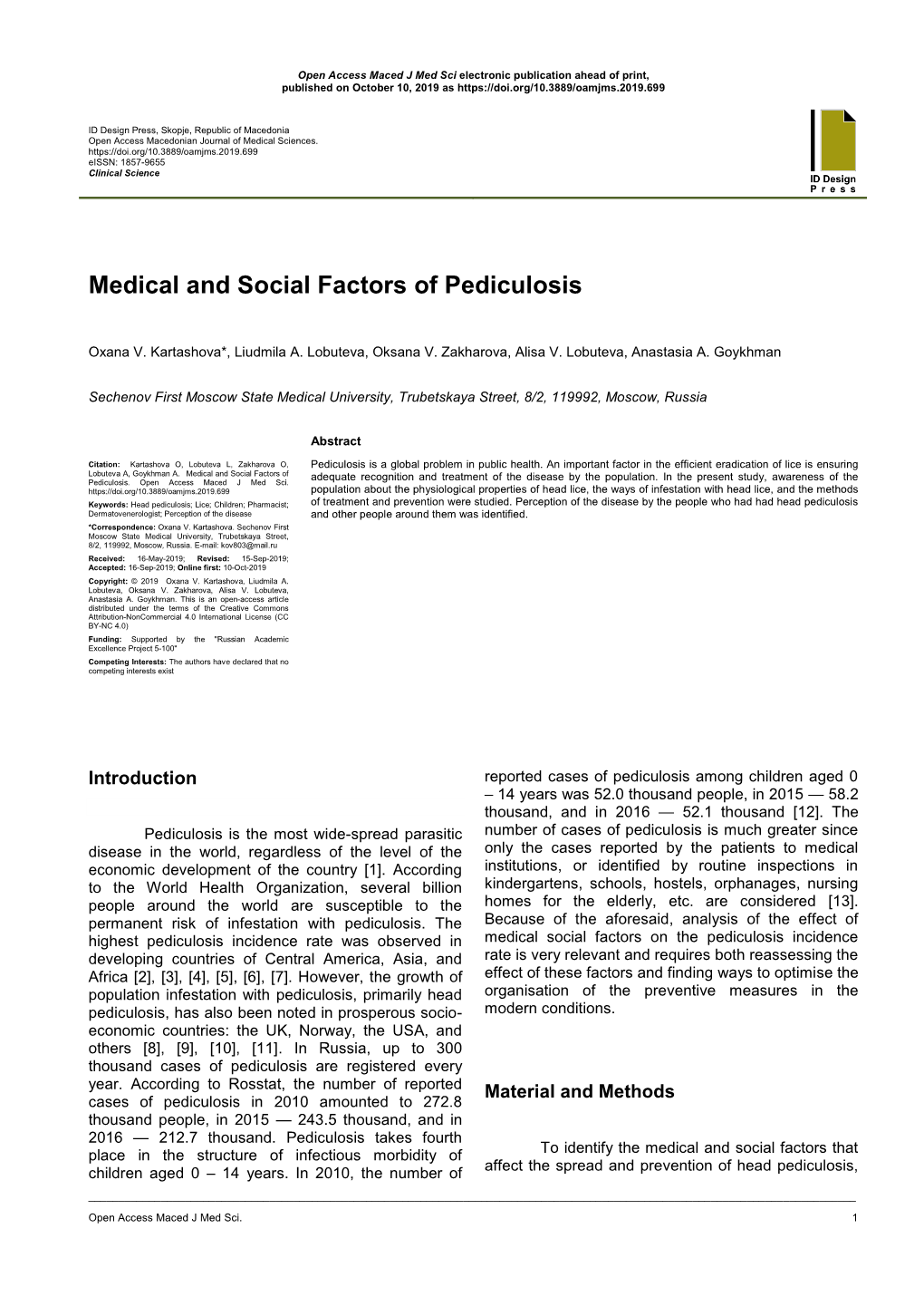 Medical and Social Factors of Pediculosis