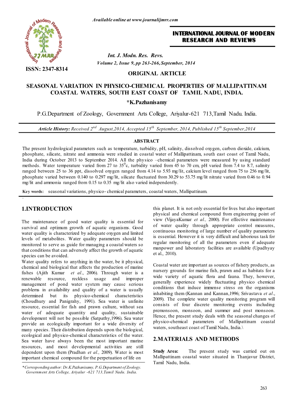 Original Article Seasonal Variation in Physico-Chemical Properties of Mallipattinam Coastal Waters, South East Coast of Tamil