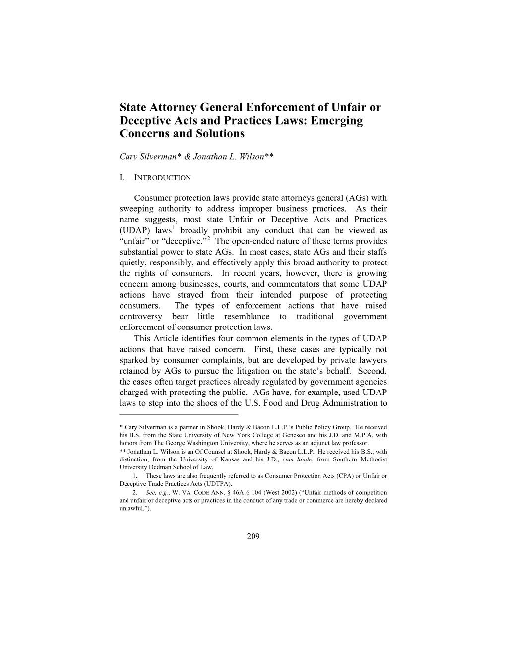 State Attorney General Enforcement of Unfair Or Deceptive Acts and Practices Laws: Emerging Concerns and Solutions