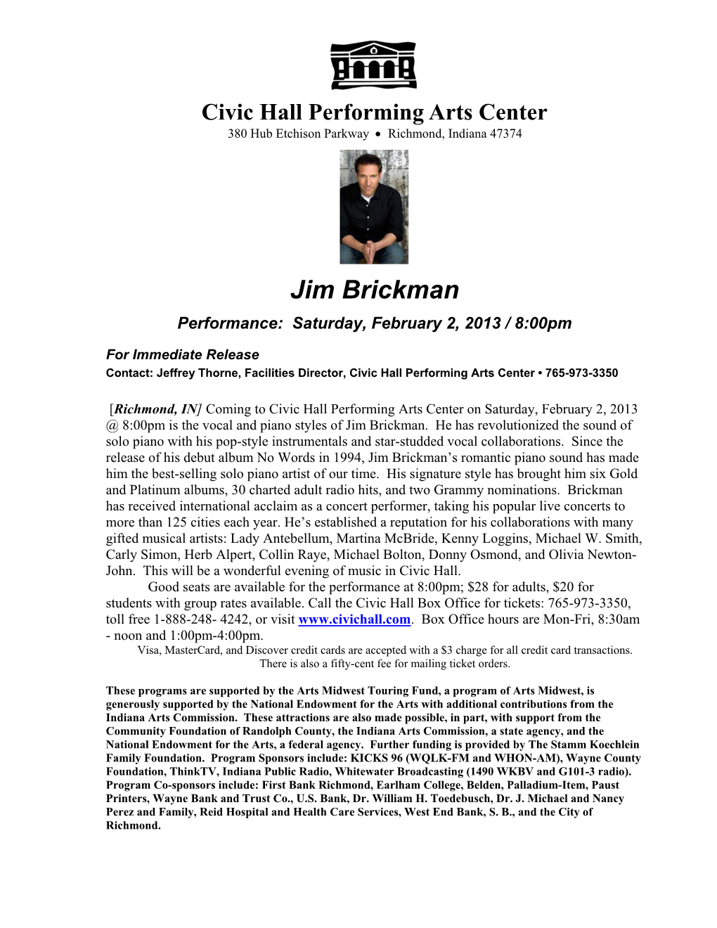 Jim Brickman Performance: Saturday, February 2, 2013 / 8:00Pm