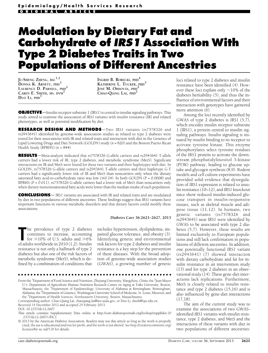 Modulation by Dietary Fat and Carbohydrate of IRS1 Association with Type 2 Diabetes Traits in Two Populations of Different Ancestries