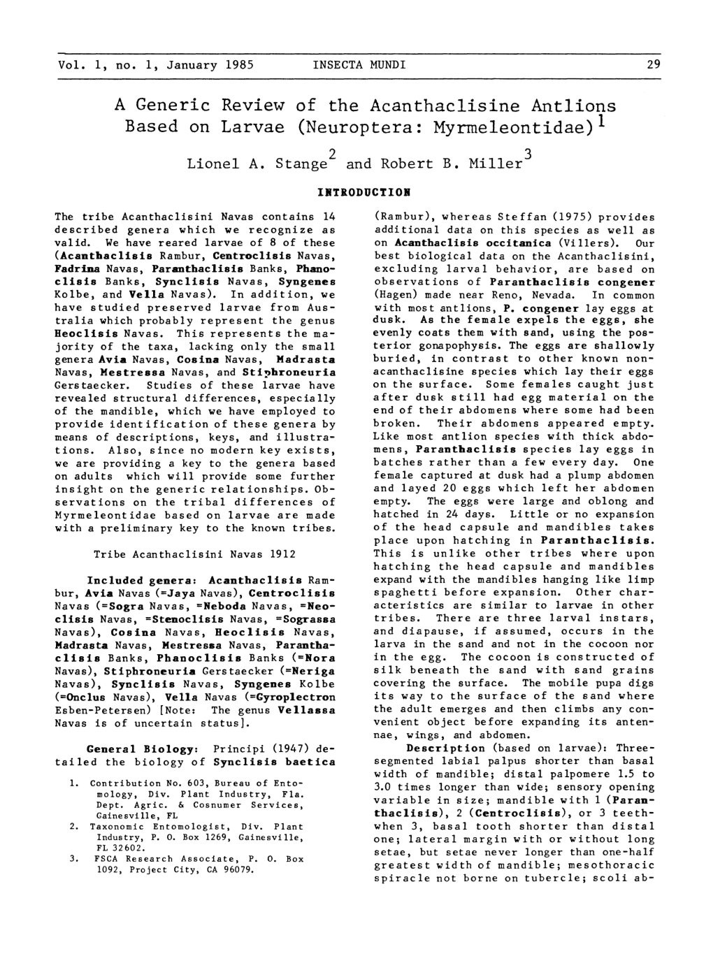 A Generic Review Based on Larvae of the Acanthaclisine Antlions (Neuroptera: Myrmeleontidae)L