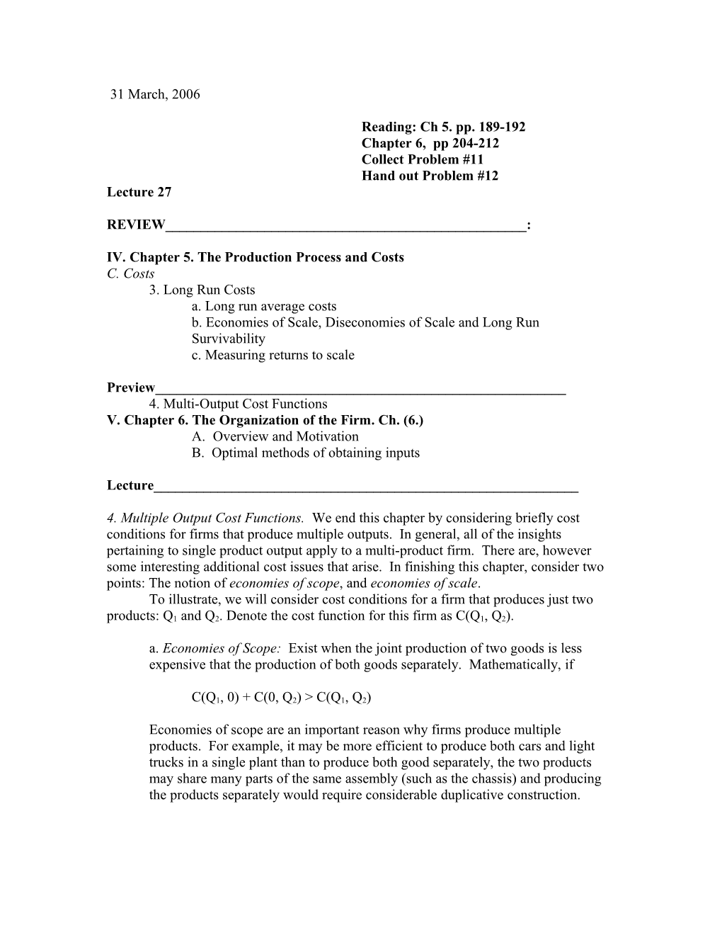 IV. Chapter 5. the Production Process and Costs