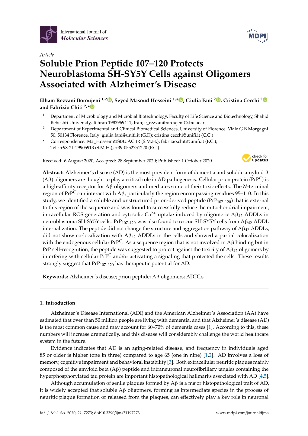 Soluble Prion Peptide 107–120 Protects Neuroblastoma SH-SY5Y Cells Against Oligomers Associated with Alzheimer's Disease