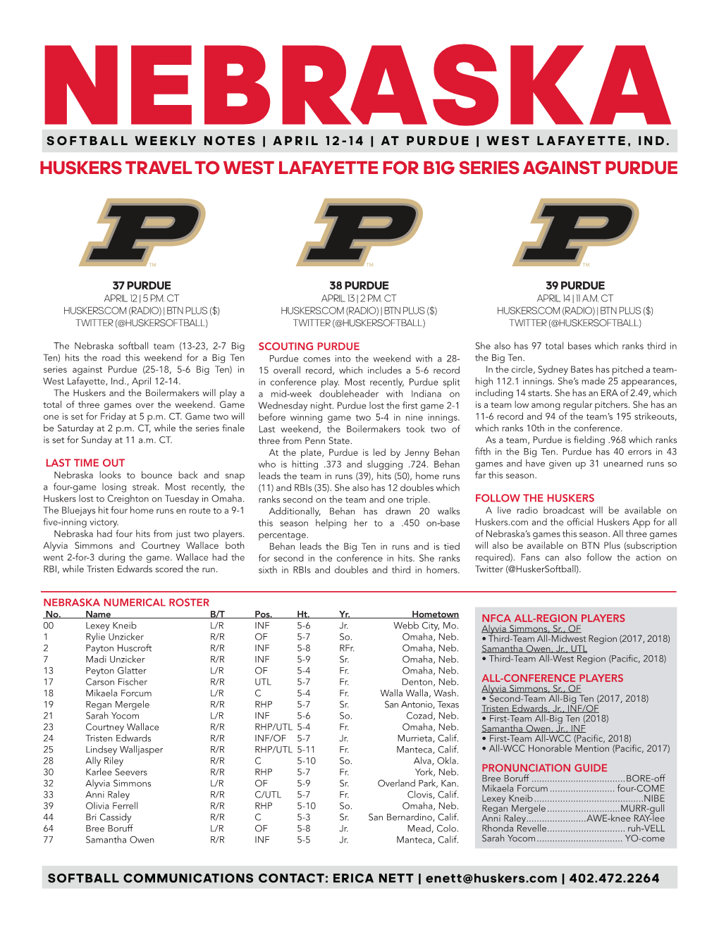 Huskers Travel to West Lafayette for B1g Series Against Purdue