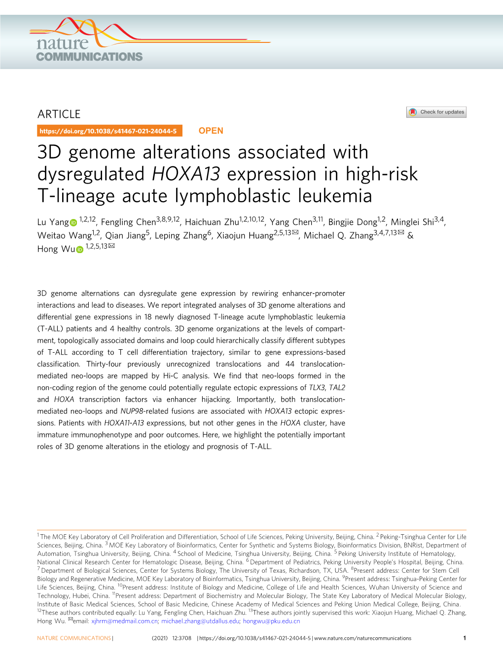 3D Genome Alterations Associated with Dysregulated HOXA13 Expression in High-Risk T-Lineage Acute Lymphoblastic Leukemia