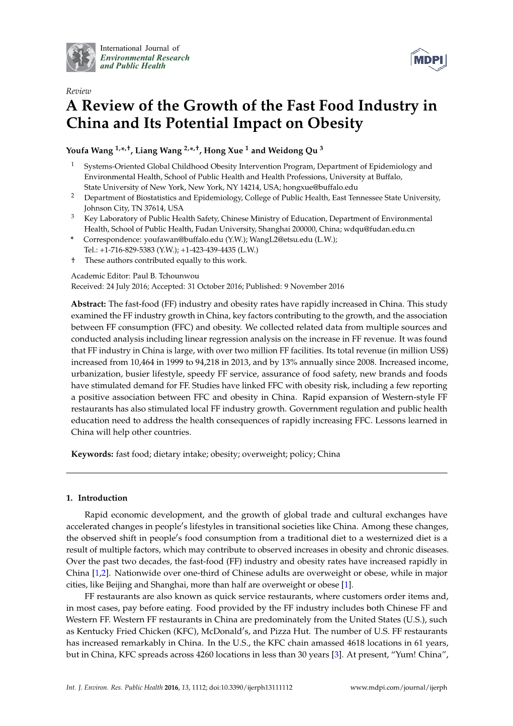 A Review of the Growth of the Fast Food Industry in China and Its Potential Impact on Obesity