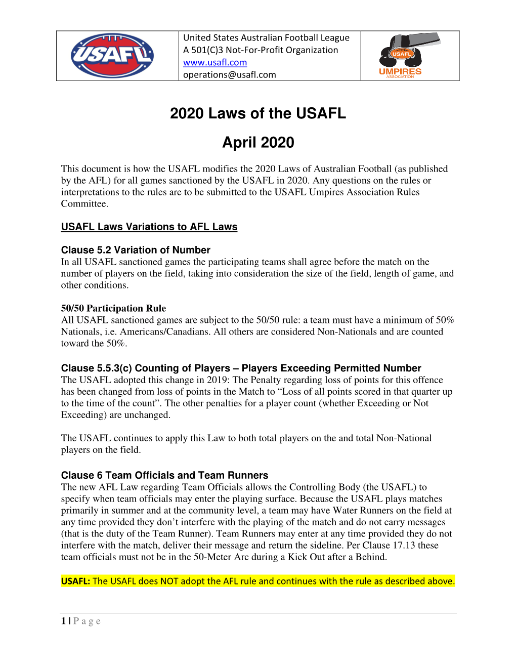 2020 Laws of the USAFL April 2020