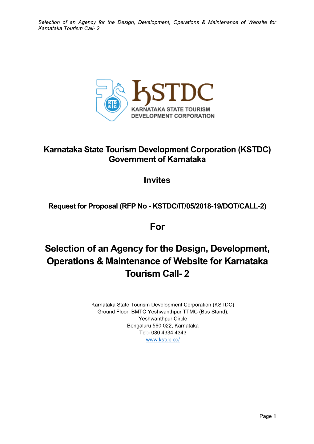 Karnataka Tourism Website RFP 27Th Feb 2019