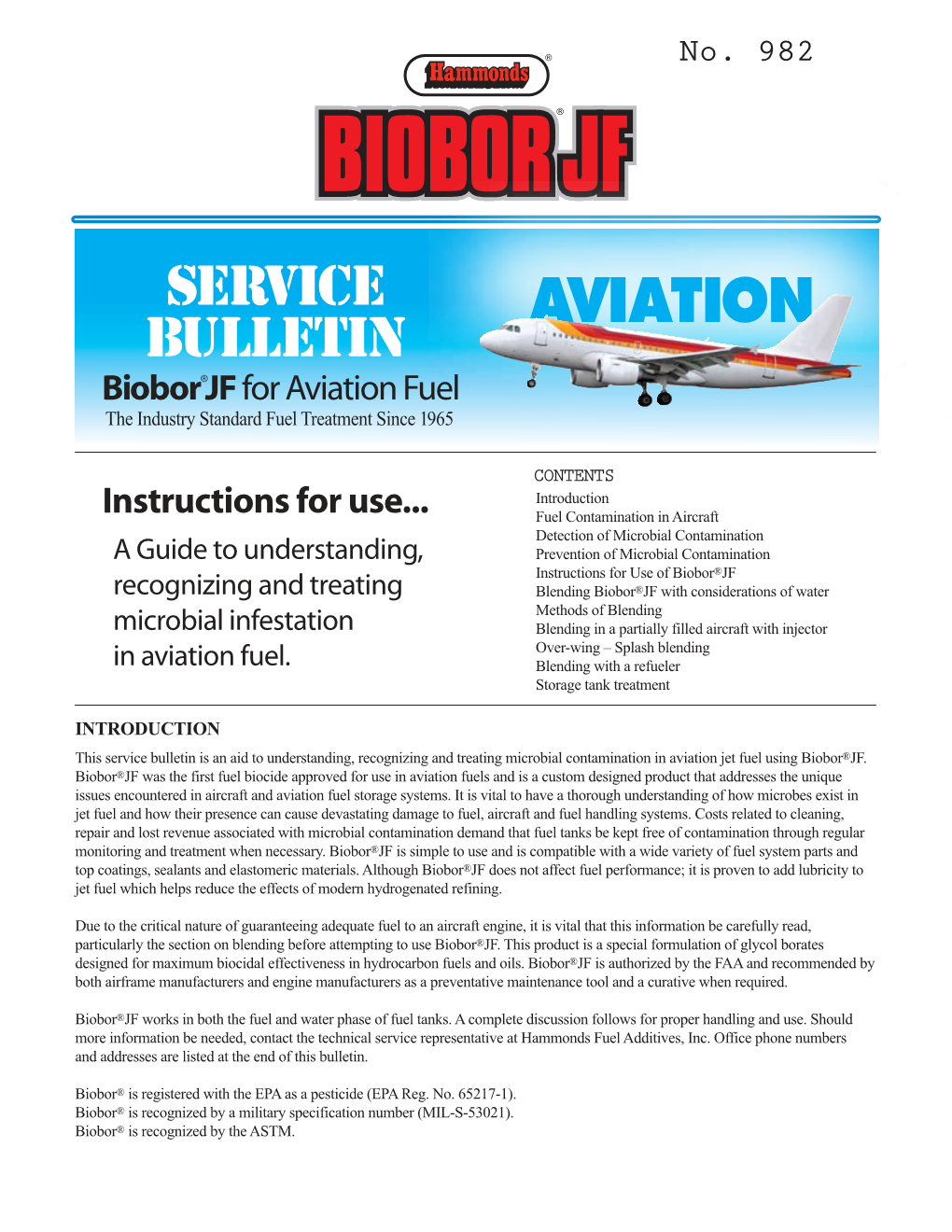Service Bulletin Is an Aid to Understanding, Recognizing and Treating Microbial Contamination in Aviation Jet Fuel Using Biobor®JF