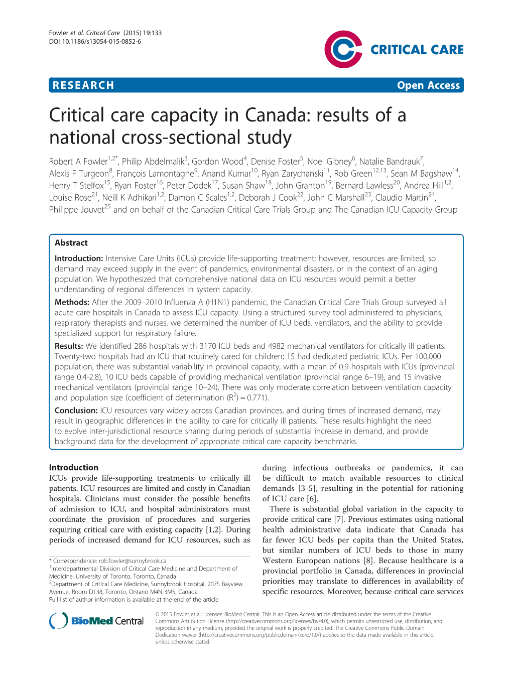 Critical Care Capacity in Canada: Results of a National Cross-Sectional