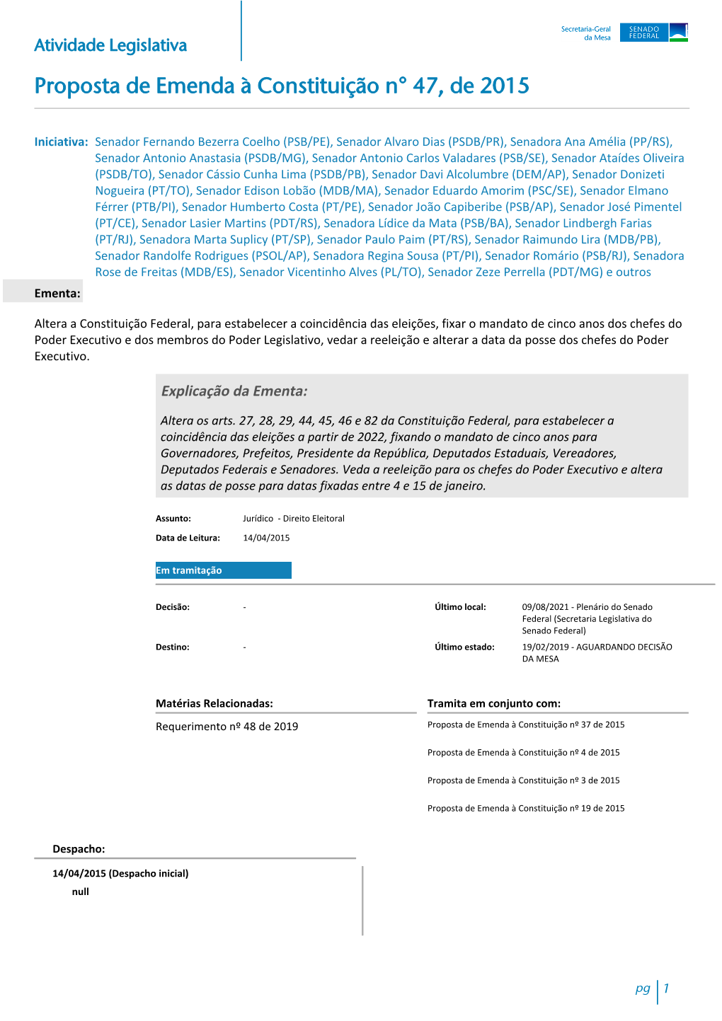 Proposta De Emenda À Constituição N° 47, De 2015