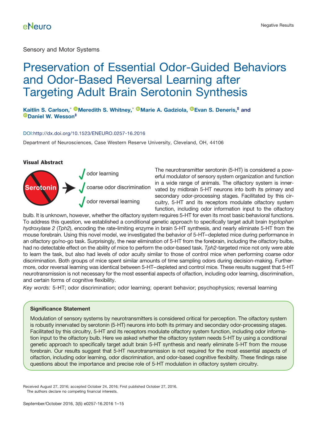 Preservation of Essential Odor-Guided Behaviors and Odor-Based Reversal Learning After Targeting Adult Brain Serotonin Synthesis