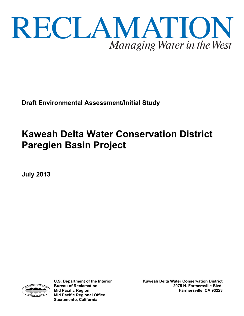 Kaweah Delta Water Conservation District Paregien Basin Project