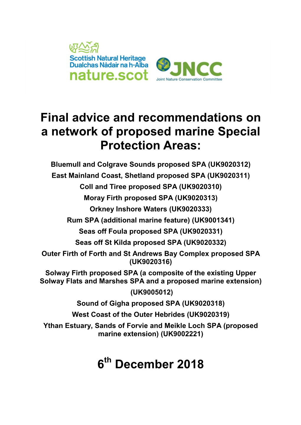 Final Advice and Recommendations on a Network of Proposed Marine Special Protection Areas