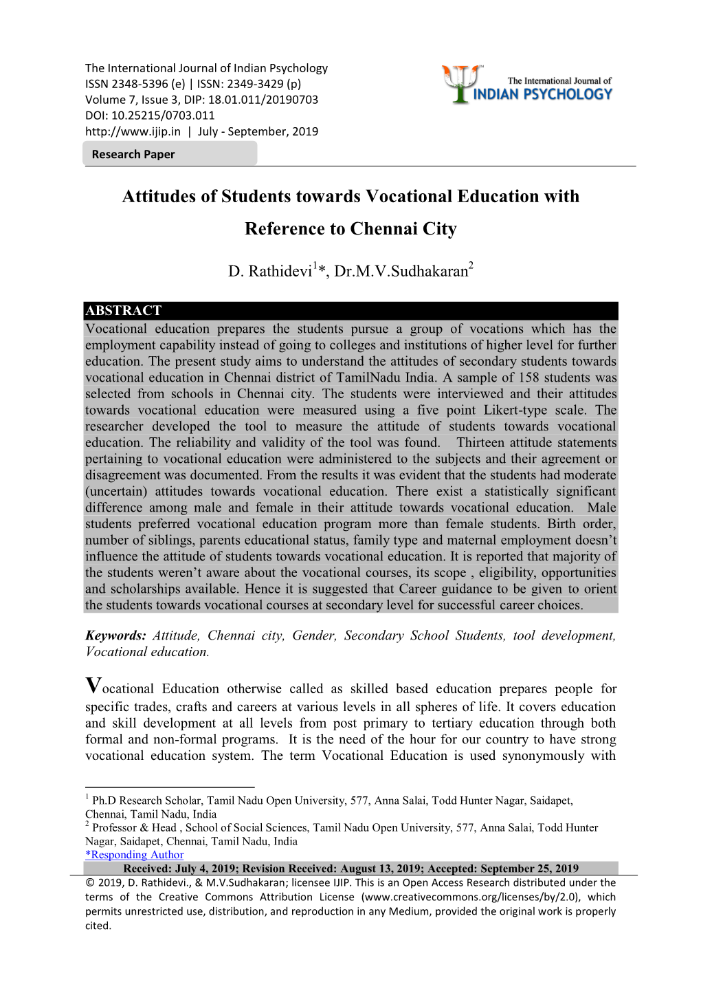 Attitudes of Students Towards Vocational Education with Reference to Chennai City