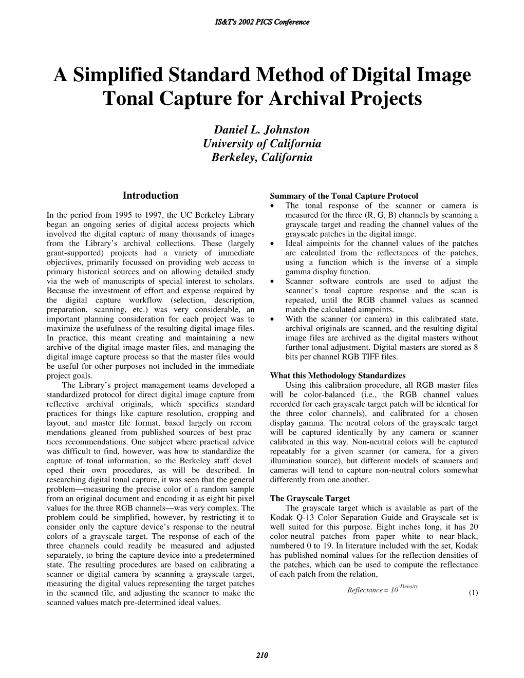 A Simplified Standard Method of Digital Image Tonal Capture for Archival Projects