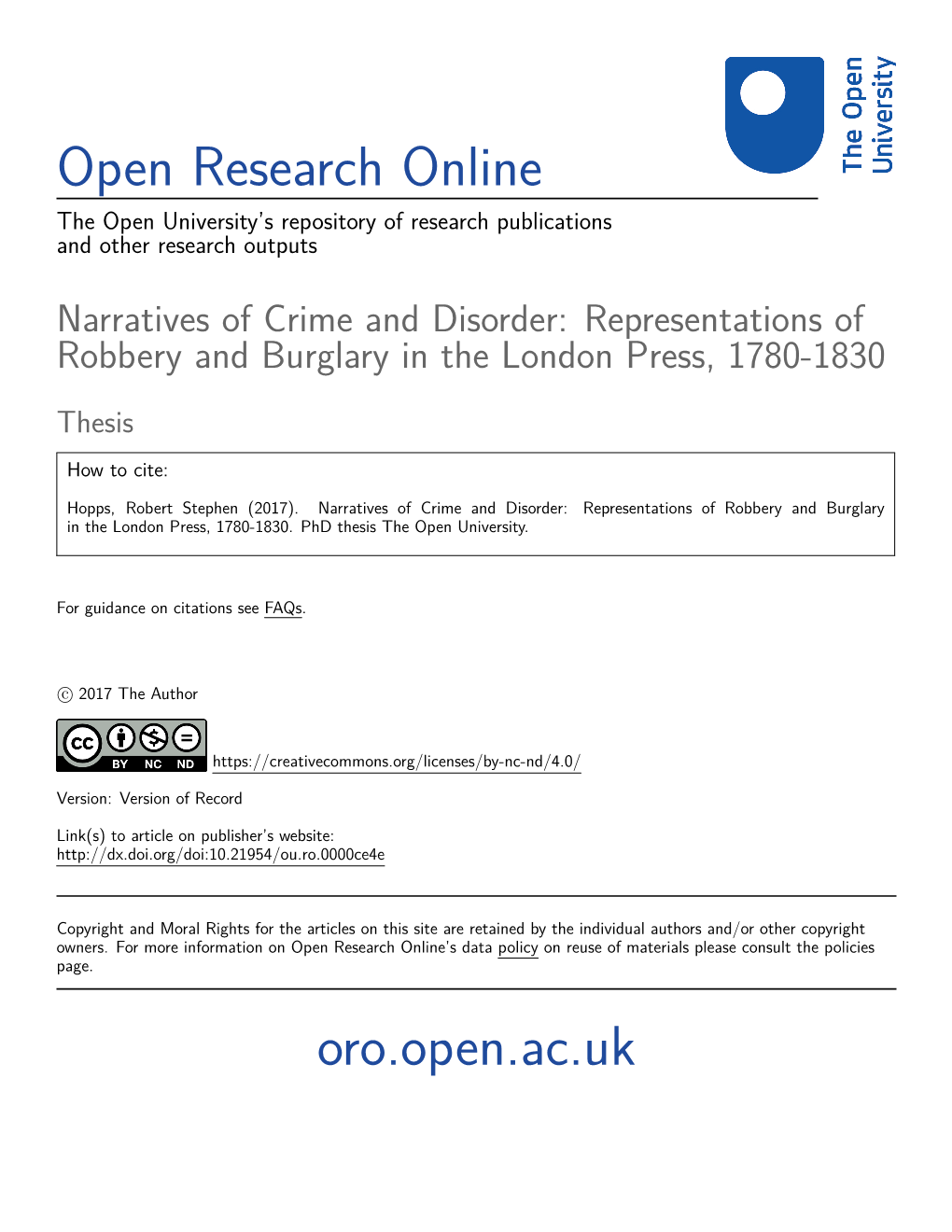 Narratives of Crime and Disorder: Representations of Robbery and Burglary in the London Press, 1780-1830