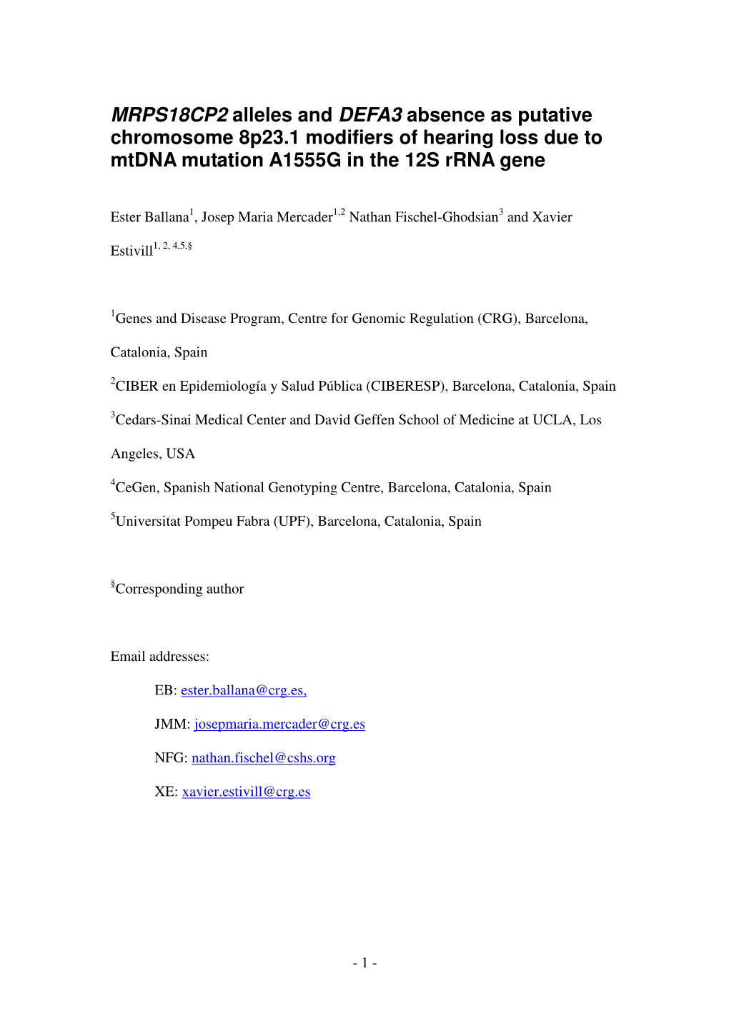 MRPS18CP2 Alleles and DEFA3 Absence As Putative Chromosome 8P23.1 Modifiers of Hearing Loss Due to Mtdna Mutation A1555G in the 12S Rrna Gene