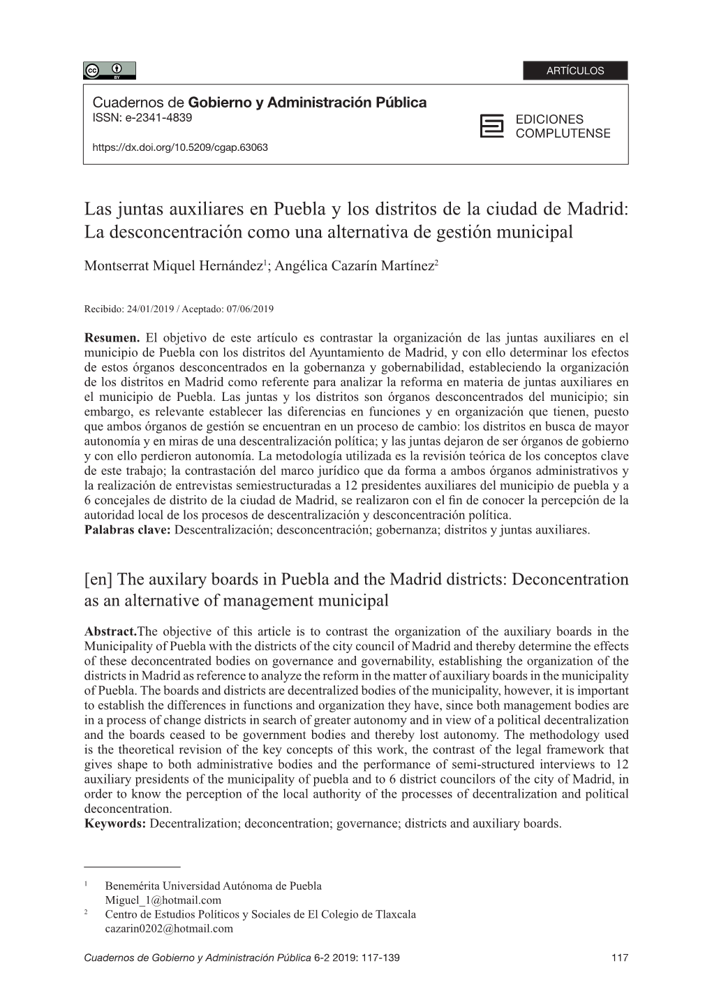 Las Juntas Auxiliares En Puebla Y Los Distritos De La Ciudad De Madrid: La Desconcentración Como Una Alternativa De Gestión Municipal