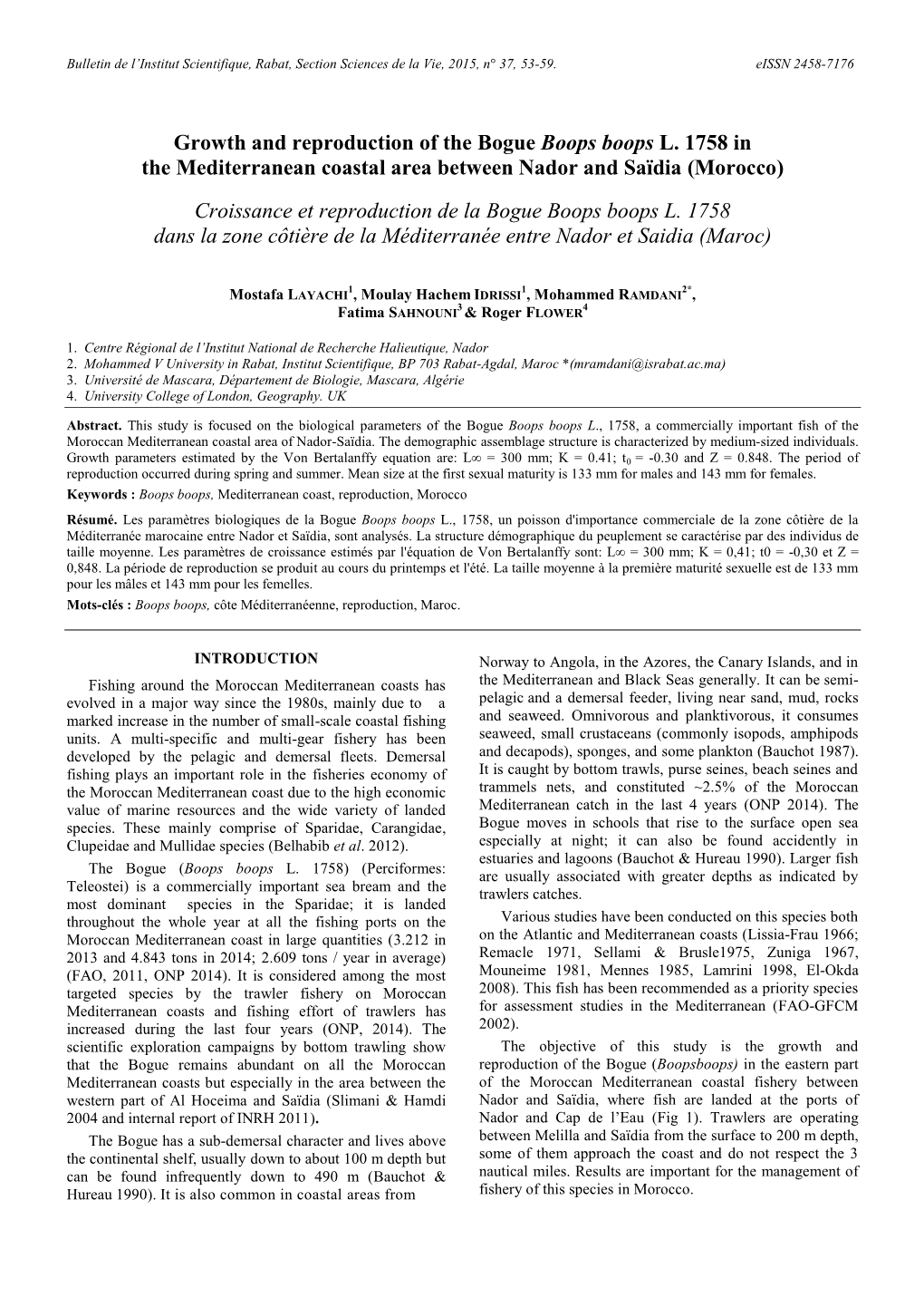 Growth and Reproduction of the Bogue Boops Boops L. 1758 in the Mediterranean Coastal Area Between Nador and Saïdia