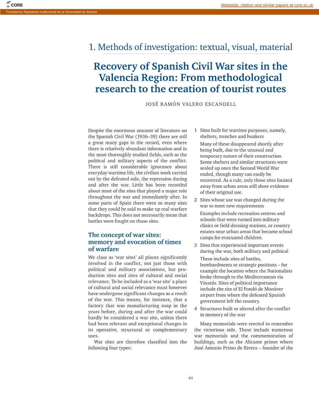 Recovery of Spanish Civil War Sites in the Valencia Region: from Methodological Research to the Creation of Tourist Routes