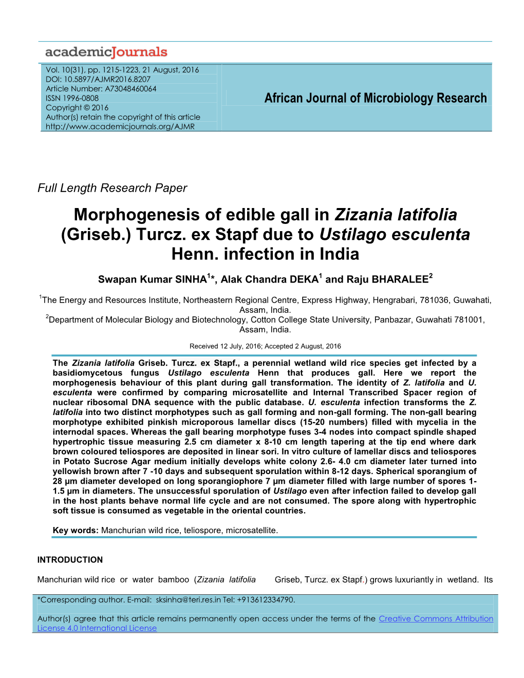Morphogenesis of Edible Gall in Zizania Latifolia (Griseb.) Turcz. Ex Stapf Due to Ustilago Esculenta Henn