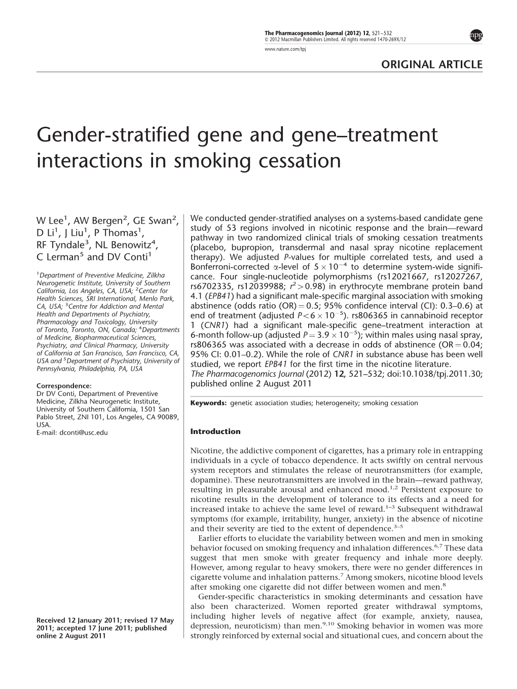 Gender-Stratified Gene and Gene&Ndash;Treatment