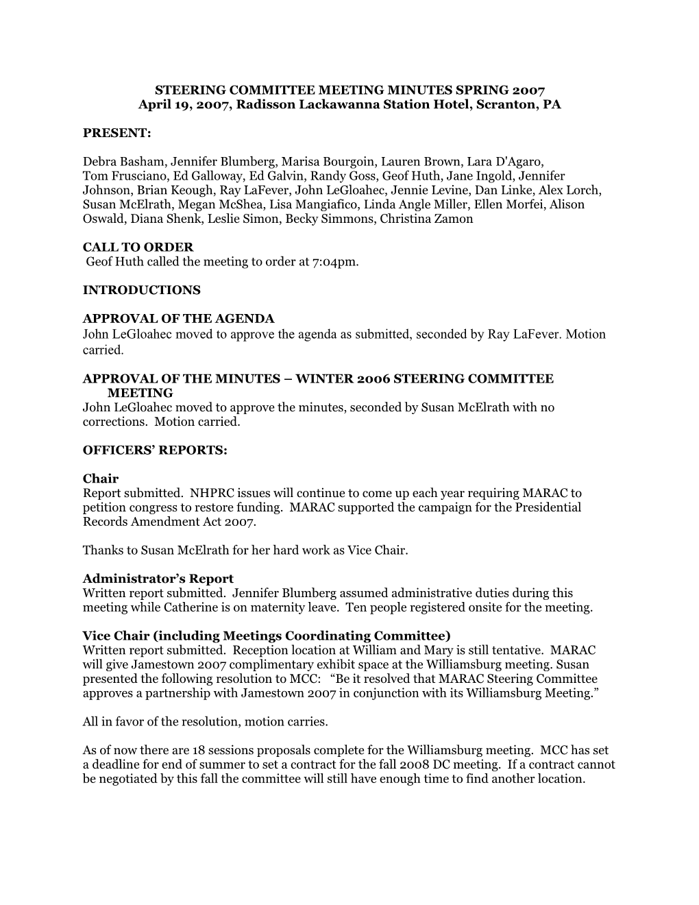 Steering Committee Meeting Minutes Spring 2006