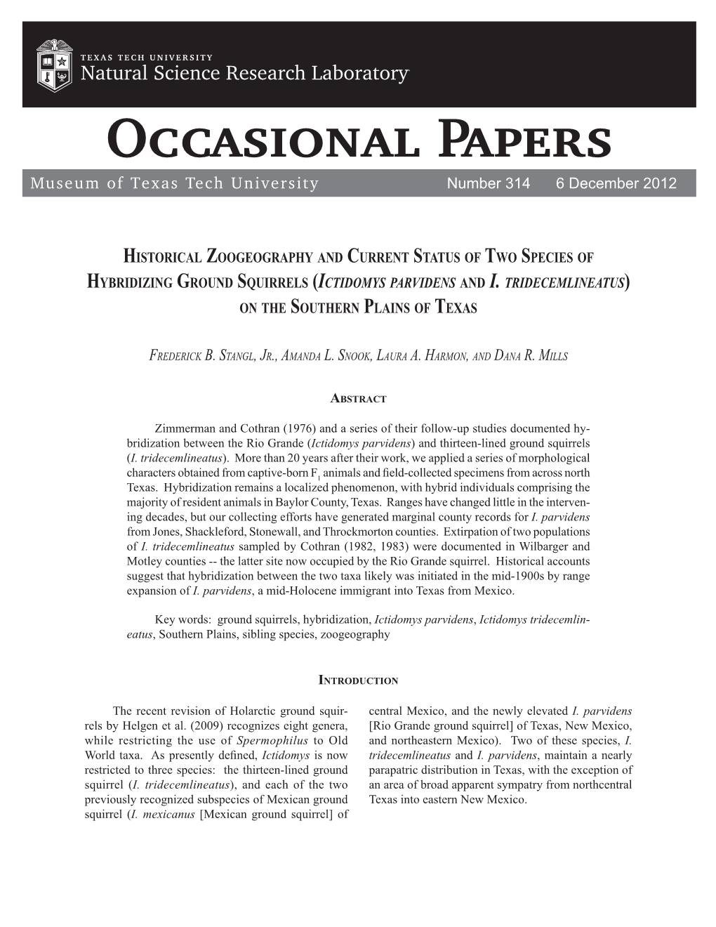 Occasional Papers Museum of Texas Tech University Number 314 6 December 2012