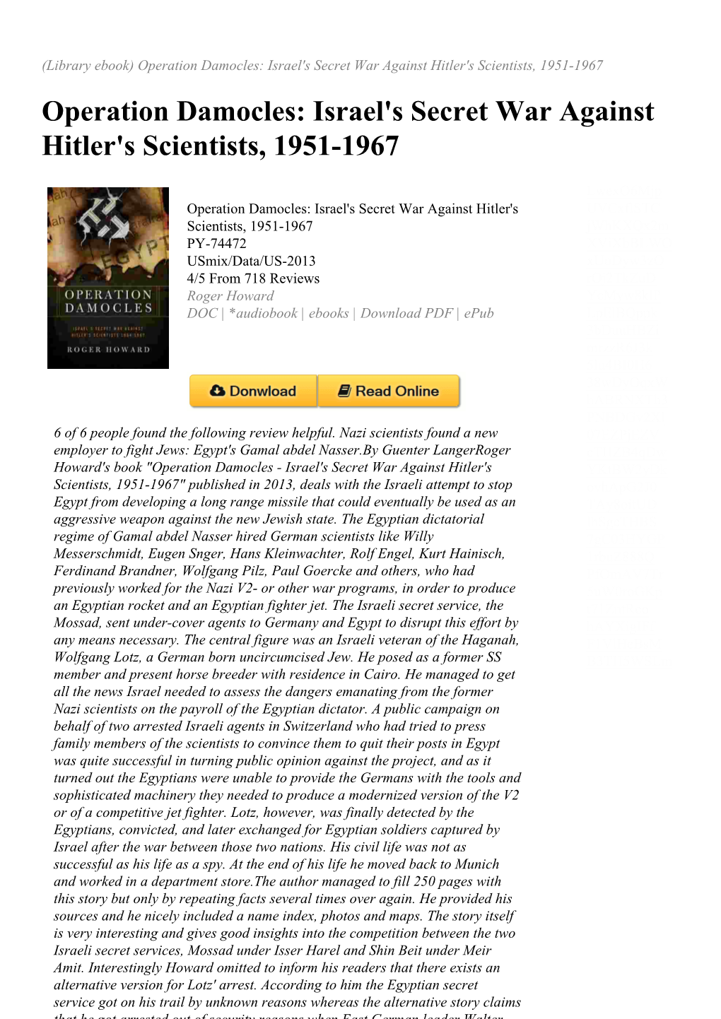 Israel's Secret War Against Hitler's Scientists, 1951-1967 Operation Damocles: Israel's Secret War Against Hitler's Scientists, 1951-1967