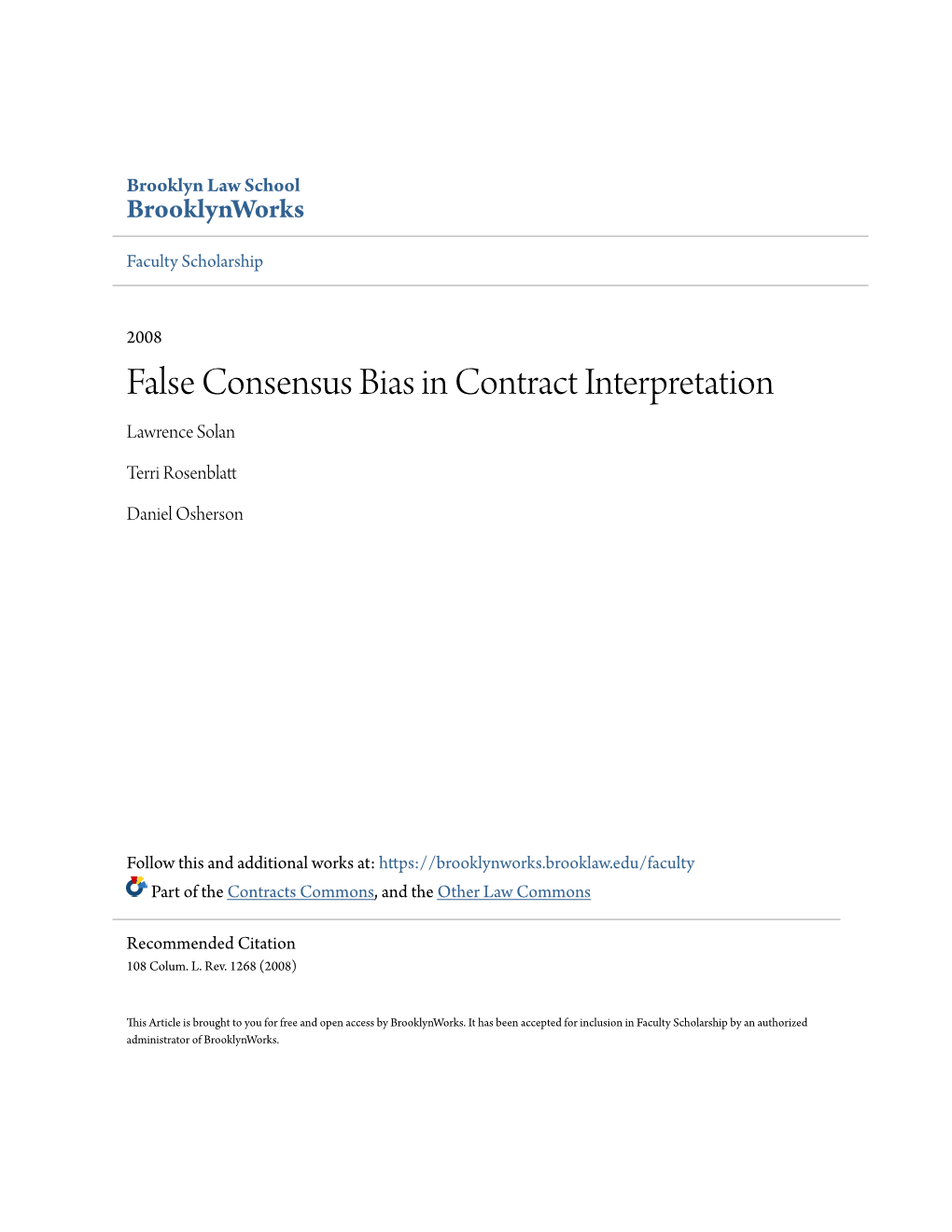 False Consensus Bias in Contract Interpretation Lawrence Solan