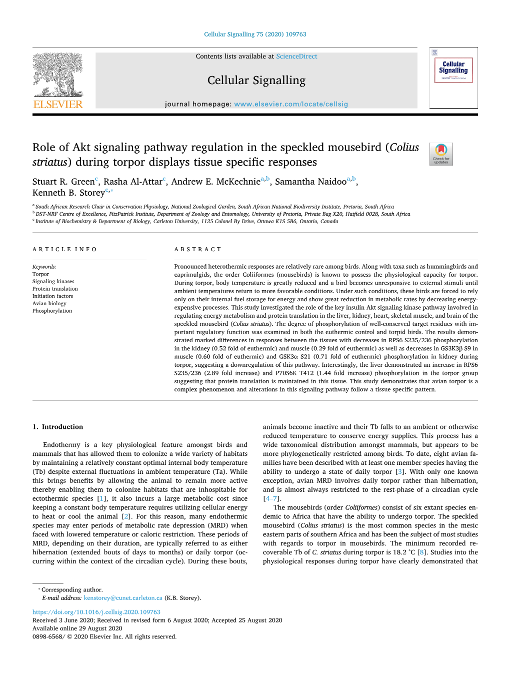 Role of Akt Signaling Pathway Regulation in the Speckled Mousebird (Colius T Striatus) During Torpor Displays Tissue Specific Responses Stuart R