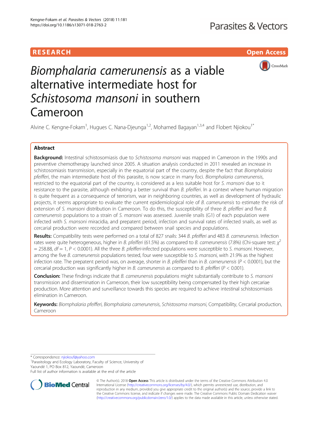 Biomphalaria Camerunensis As a Viable Alternative Intermediate Host for Schistosoma Mansoni in Southern Cameroon Alvine C