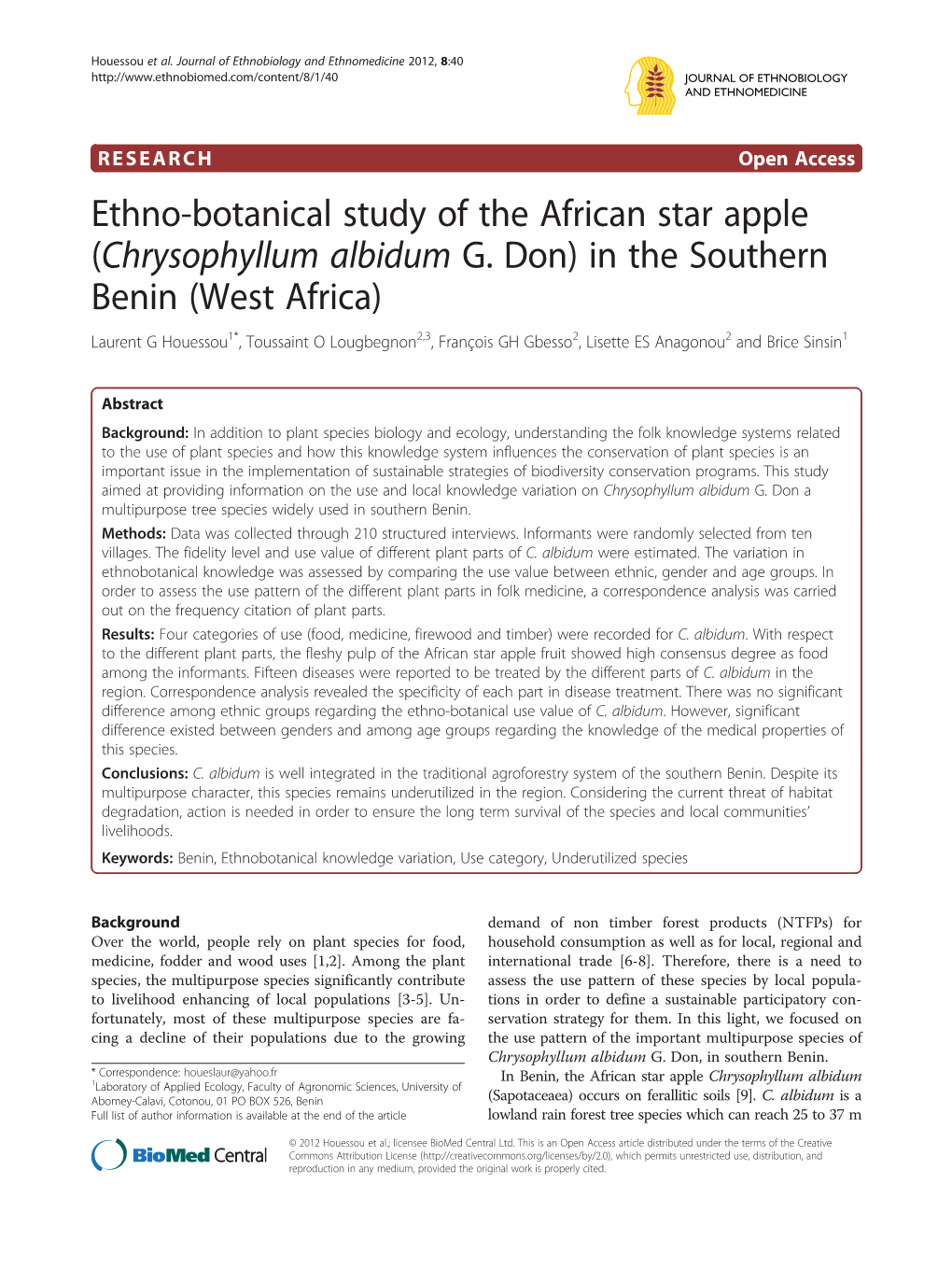 Ethno-Botanical Study of the African Star Apple (Chrysophyllum Albidum G