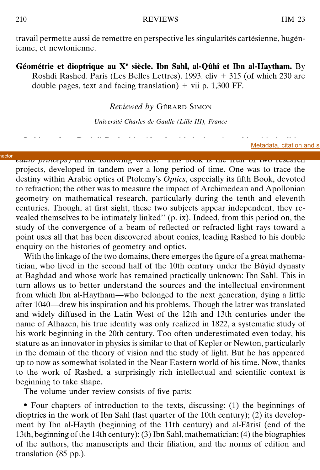 Geometrie Et Dioptrique Au Xe Siecle. Ibn Sahl, Al-Quhik Et Ibn Al-Haytham