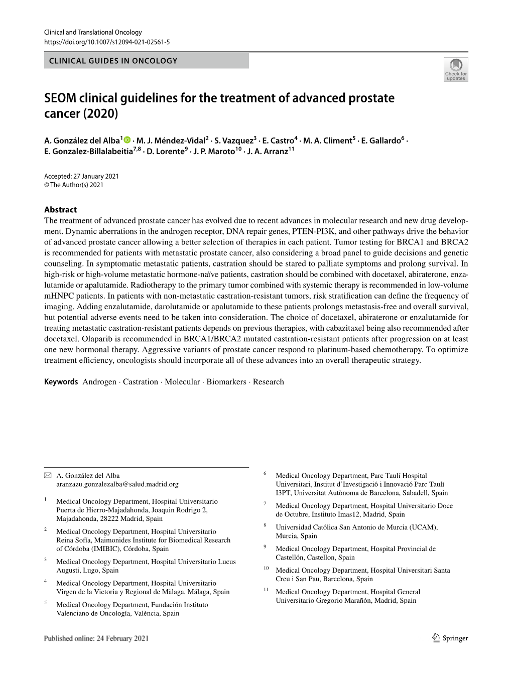 SEOM Clinical Guidelines for the Treatment of Advanced Prostate Cancer (2020)