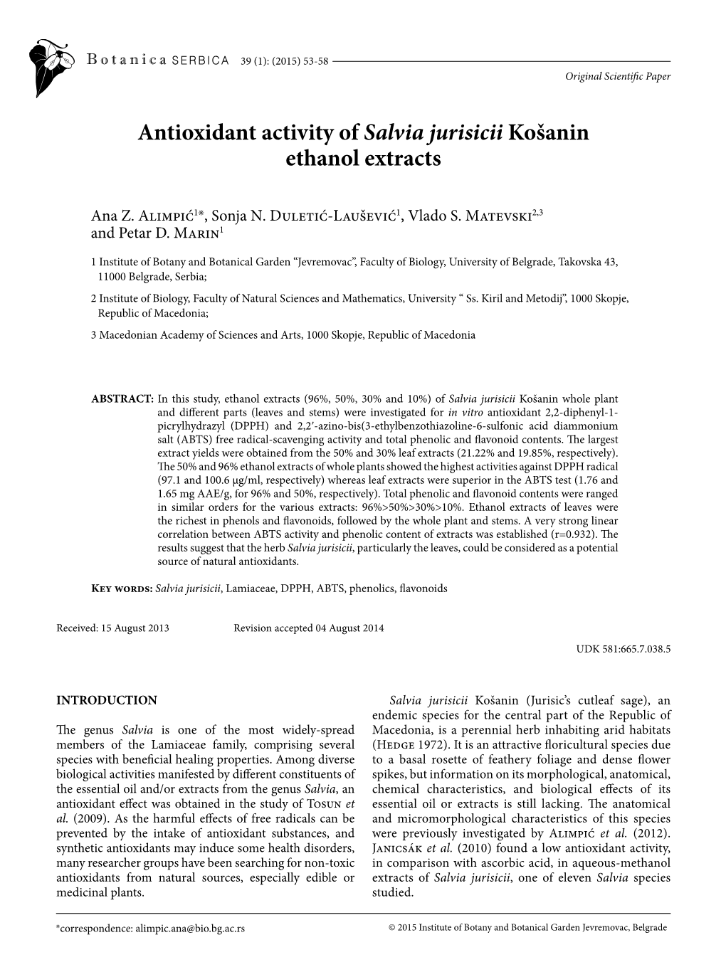 Antioxidant Activity of Salvia Jurisicii Košanin Ethanol Extracts