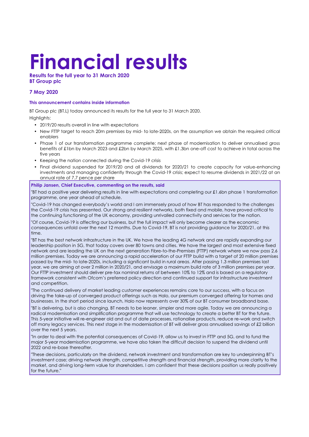 BT Results Release Q4 2019/20