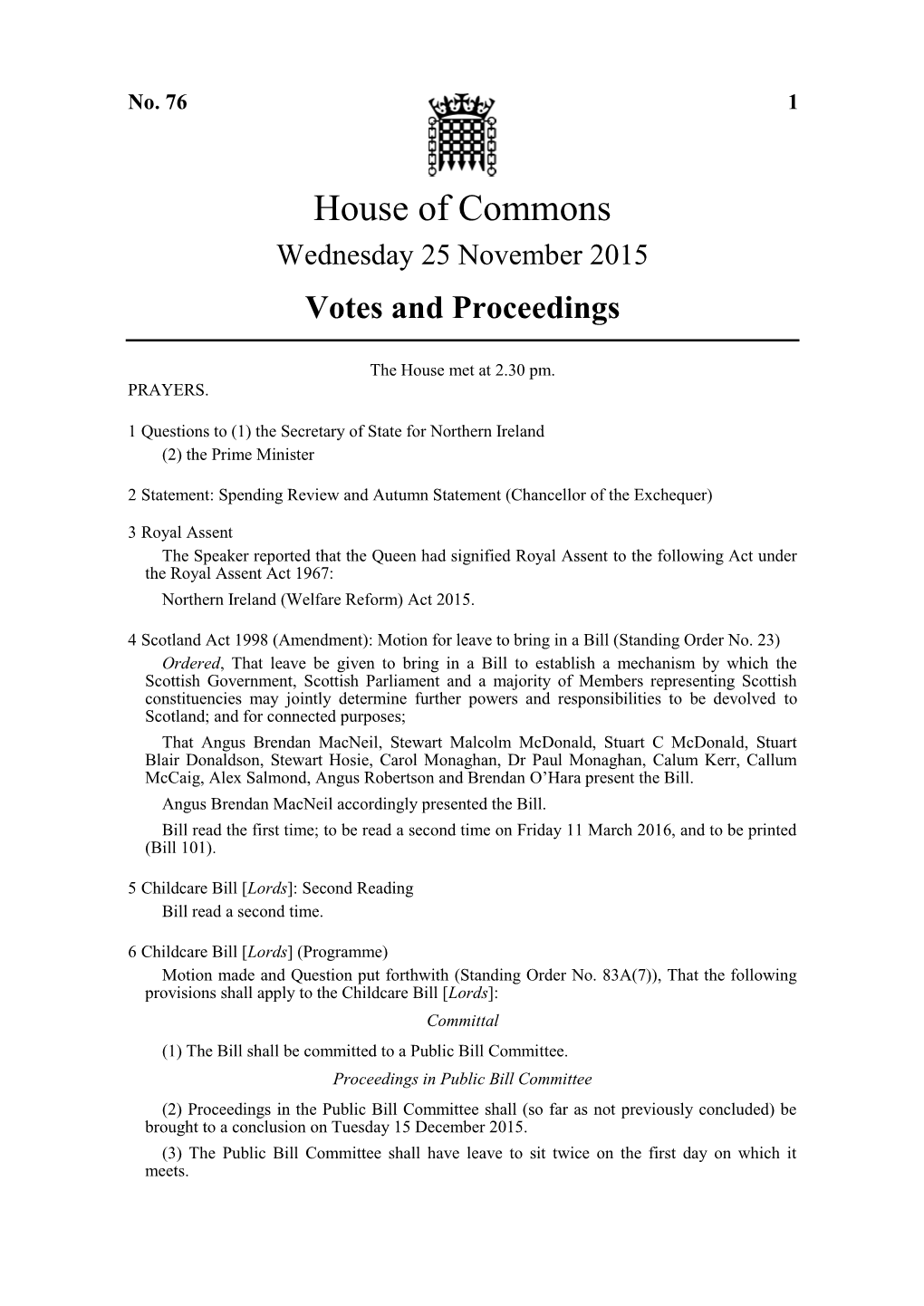 House of Commons Wednesday 25 November 2015 Votes and Proceedings