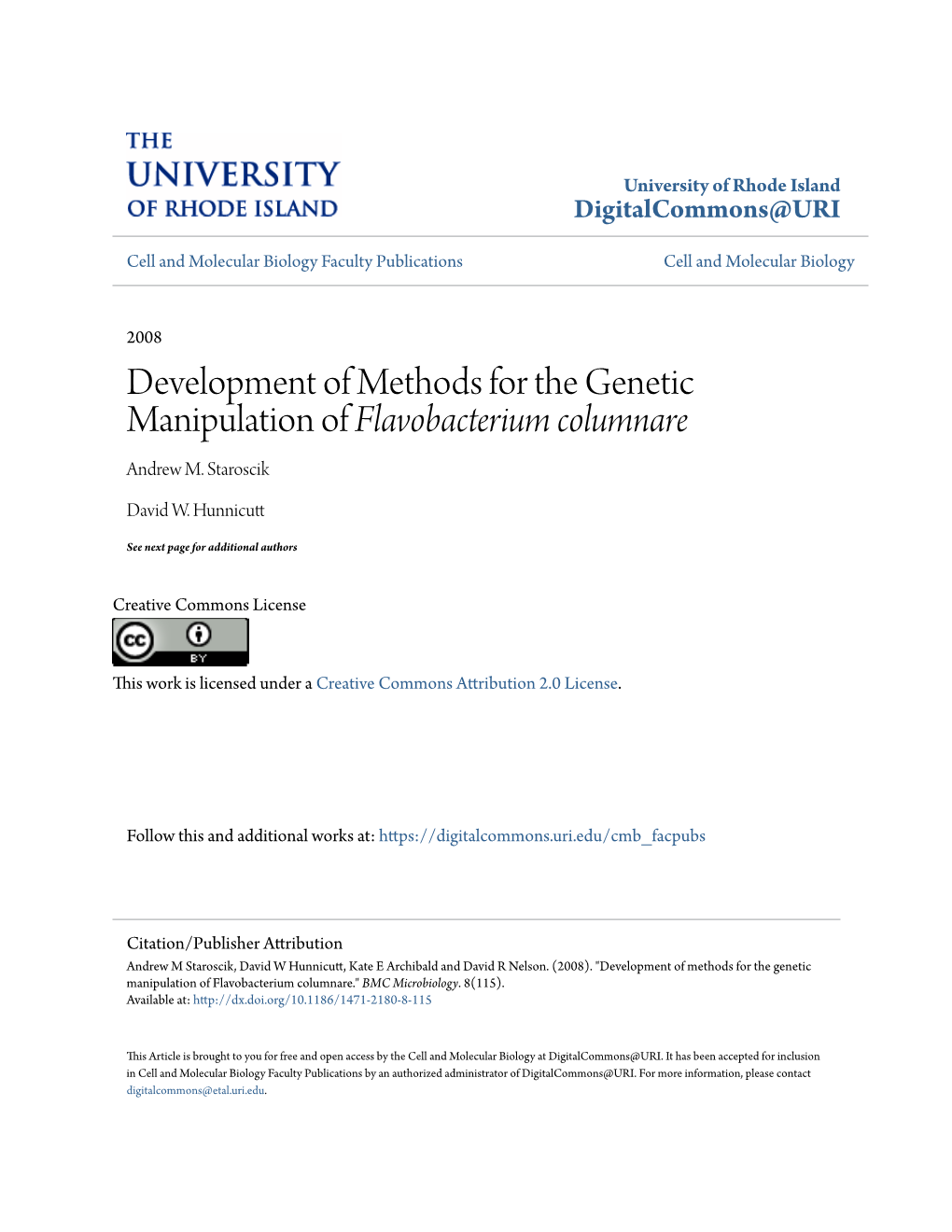 Development of Methods for the Genetic Manipulation of Flavobacterium Columnare Andrew M