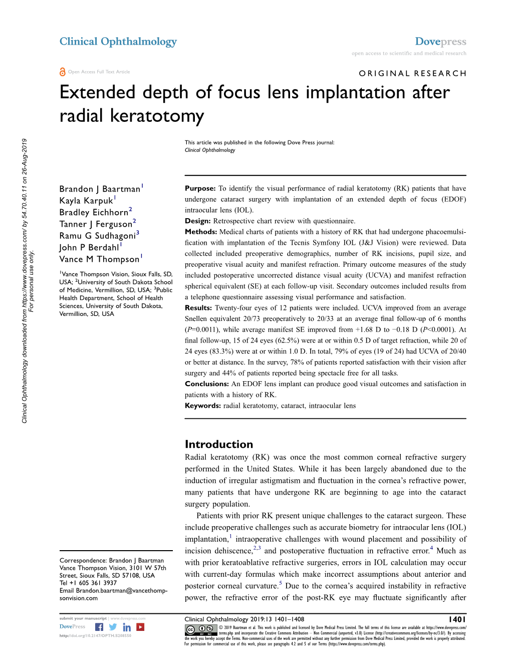 Extended Depth of Focus Lens Implantation After Radial Keratotomy