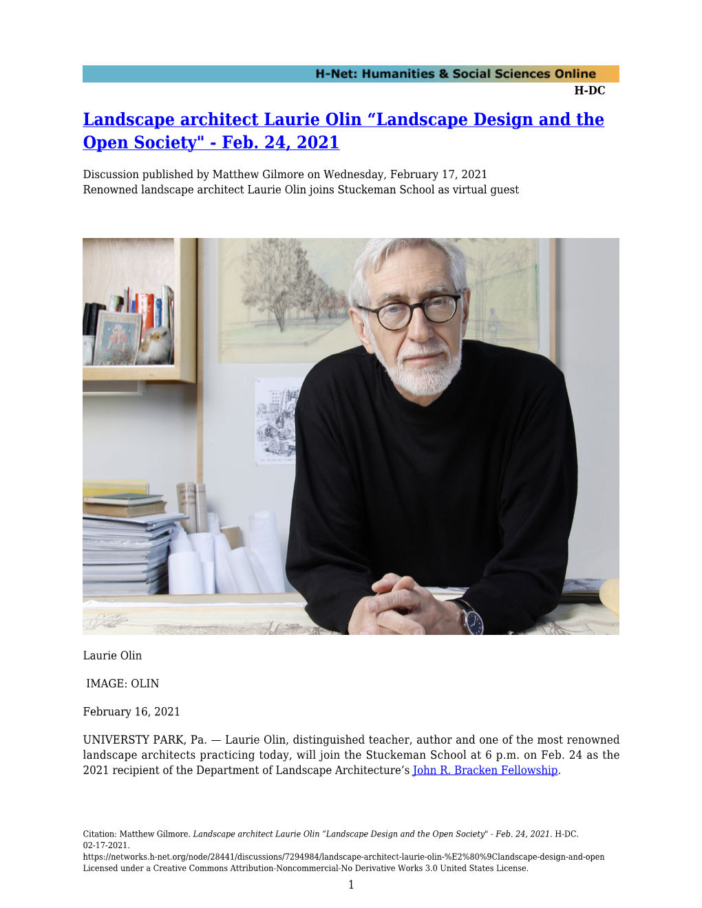 Landscape Architect Laurie Olin “Landscape Design and the Open Society" - Feb